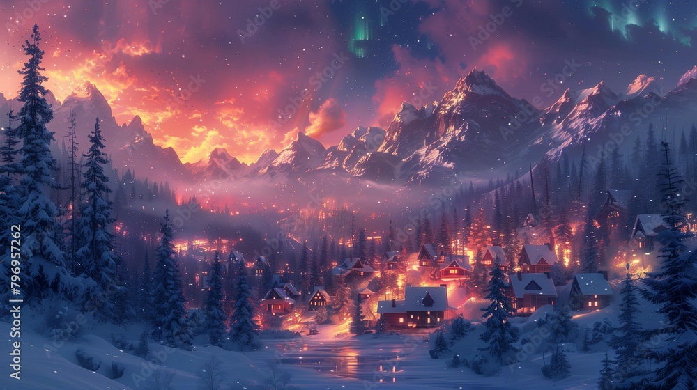 Whimsical Yule Cat prowling in snowy village at night with Northern lights, generative ai Whimsical Yule Cat prowling in snowy village at night with Northern lights, generative ai