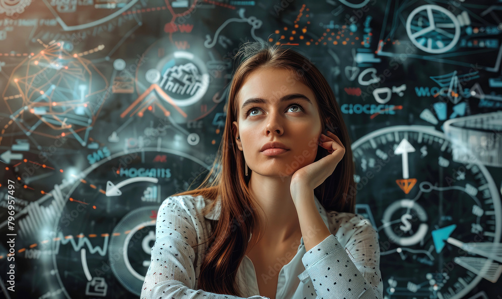 A business woman thinking about different strategies A business woman thinking about different strategies