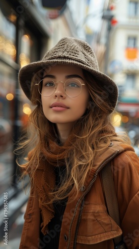 Woman Wearing Hat and Glasses Standing in Front of Building © olegganko