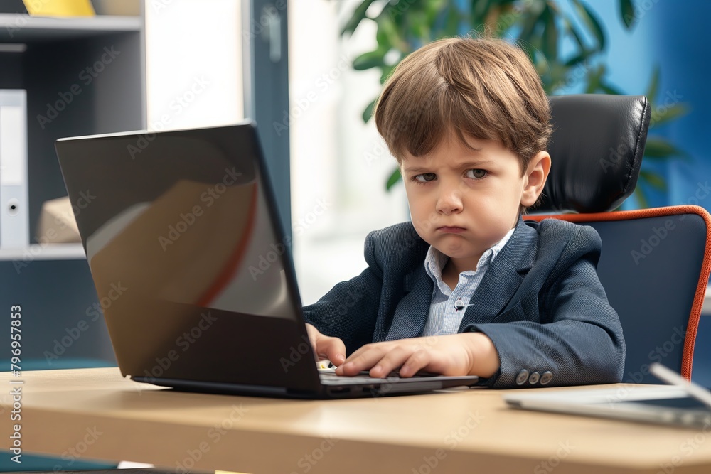 A boy is sitting at a desk with a laptop in front of him. He is looking at the screen with a frown on his face. Scene is one of frustration or disappointment A boy is sitting at a desk with a laptop in front of him. He is looking at the screen with a frown on his face. Scene is one of frustration or disappointment