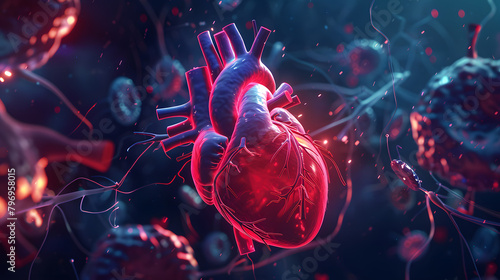 3D projection of a vector sketch expressing the idea of endorsing for therapeutic apparatus on a medical scenario with a human heart in close scrutiny  photo