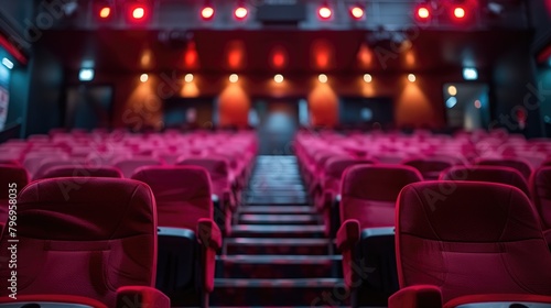 a row of empty red theater seats under soft lighting. © ERiK
