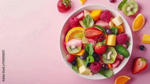 A top view of a bowl filled with a vibrant  healthy fruit salad against a soft pink background