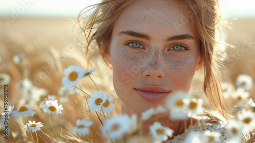 Woman With Red Hair Holding a Bouquet of Daisies