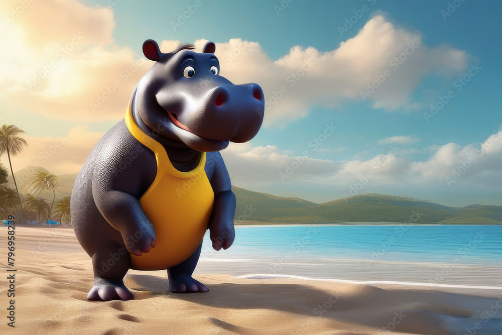 Cartoon hippopotamus traveler with luggage on the seashore. Concept of summer vacation, summer vacation.