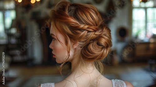 A woman with a sophisticated updo hairstyle poses for the camera, highlighting the beauty and craftsmanship of her hair