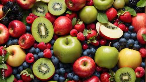 Fruit assortment banner with apples  berries  and kiwis.