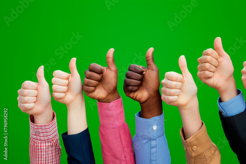 Multi racial grup of business people hands giving thumbs up on green background, agreement and diversity concept