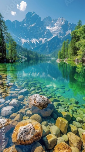 Tree-lined Lake With Mountain Background