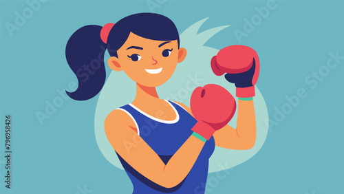 A woman smiles confidently as she lifts a kickboxing glove to her chin feeling her muscles tighten and tone with each jab and cross.