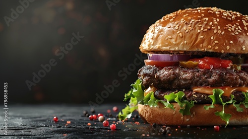 Delicious fast food burger on a dark background for your fast food business flyer, banner or template. Space for add text