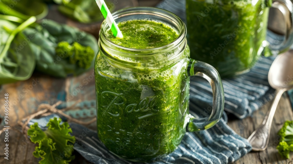 Mason jar mugs filled with a vibrant green spinach and kale smoothie, complete with a swirled green straw Mason jar mugs filled with a vibrant green spinach and kale smoothie, complete with a swirled green straw