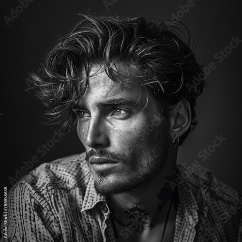 This grayscale portrayal captures a man in a fashionable shirt and a stylish hairstyle, embodying a sense of modern elegance and style 8K , high-resolution, ultra HD,up32K HD