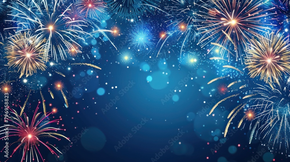 Beautiful fireworks show over blue background to celebrate Chinese lunar new year. Abstract background.