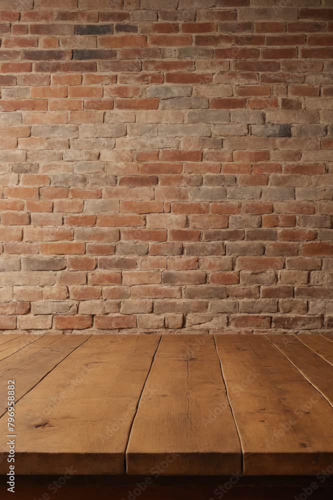 Empty rustic wooden tabletop in brick textured wall for product placement or montage. Grunge atmosphere background for product presentation backdrop, display, mock-up with space for text. 