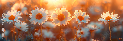 Idyllic daisy bloom. Abstract soft focus sunset, White daisies in a white grass field with a sunset in the background 