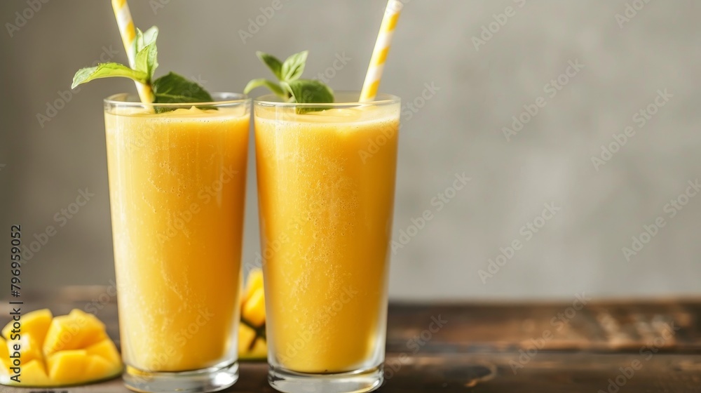 Tall glasses filled with a refreshing mango smoothie, perfect for a healthy treat Tall glasses filled with a refreshing mango smoothie, perfect for a healthy treat