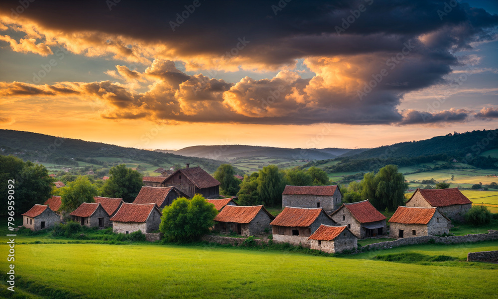 Panoramic top view of an old small abandoned ruined village on the hills with thatched roof huts at sunset with clouds in the sky Panoramic top view of an old small abandoned ruined village on the hills with thatched roof huts at sunset with clouds in the sky