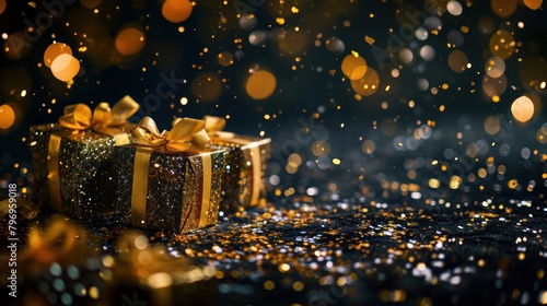 Golden confetti and giftbox flying in air. Holiday celebration theme.