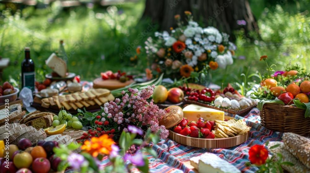 A picnic table is covered with a variety of food and flowers A picnic table is covered with a variety of food and flowers