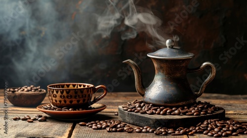 Close-up view of a cup of steaming hot coffee and coffee beans on table.