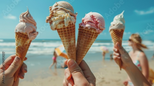 A group of people holding ice cream cones on a beach