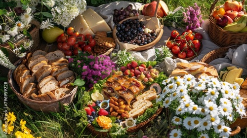 A picnic table is covered with a variety of food, including bread, fruit