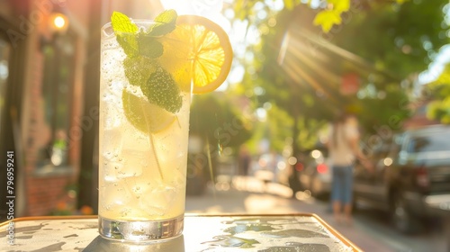 A glass of lemonade with a lime wedge in it sits on a table outside photo
