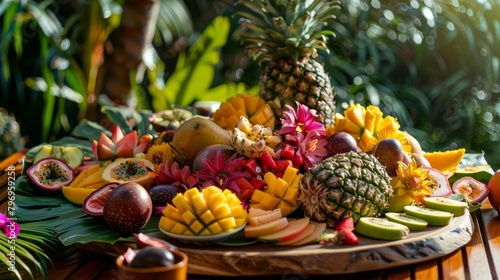A table full of fruit including apples, bananas, and oranges