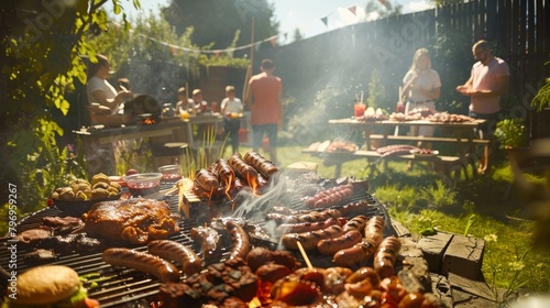 A group of people are gathered around a grill, cooking and eating food