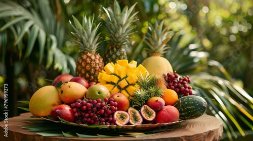 A table is covered with a variety of fruits, including apples, oranges