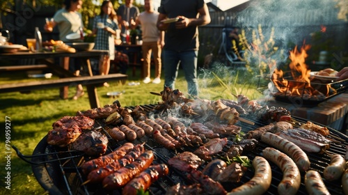 A group of people are gathered around a grill, cooking a variety of meats