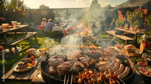 A group of people are gathered around a grill, cooking food