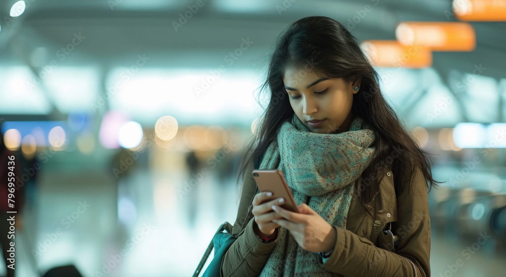 Young woman holding smartphone in hand, standing airport terminal Young woman holding smartphone in hand, standing airport terminal
