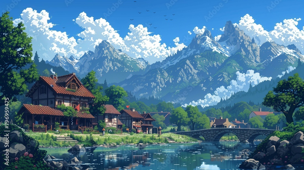 Fototapeta premium Morning in Pixel Village, generative ai