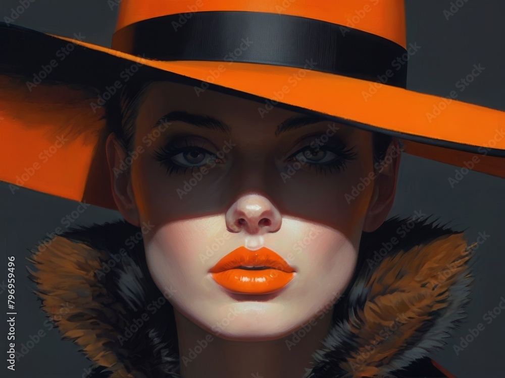 Portrait of a mysterious beautiful young woman in a red hat with red lips. Fashionable glamor fashion makeup. Sensual red lips.