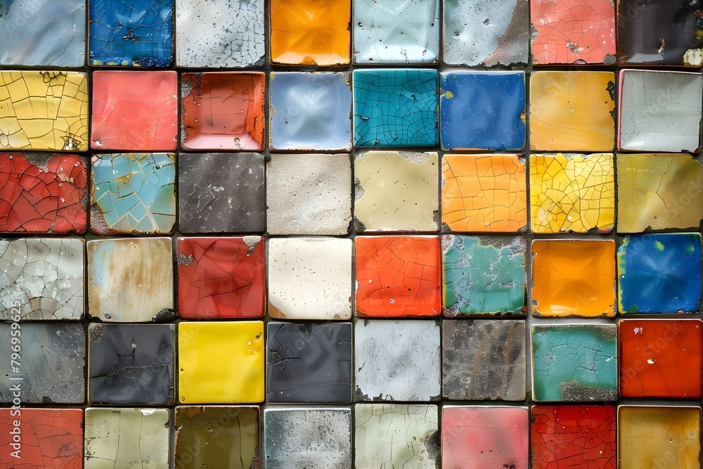 Colorful tiles on wall create vibrant display in interior setting with various hues. Concept Interior Design, Colorful Tiles, Vibrant Display, Wall Decor, Home Decor Colorful tiles on wall create vibrant display in interior setting with various hues. Concept Interior Design, Colorful Tiles, Vibrant Display, Wall Decor, Home Decor