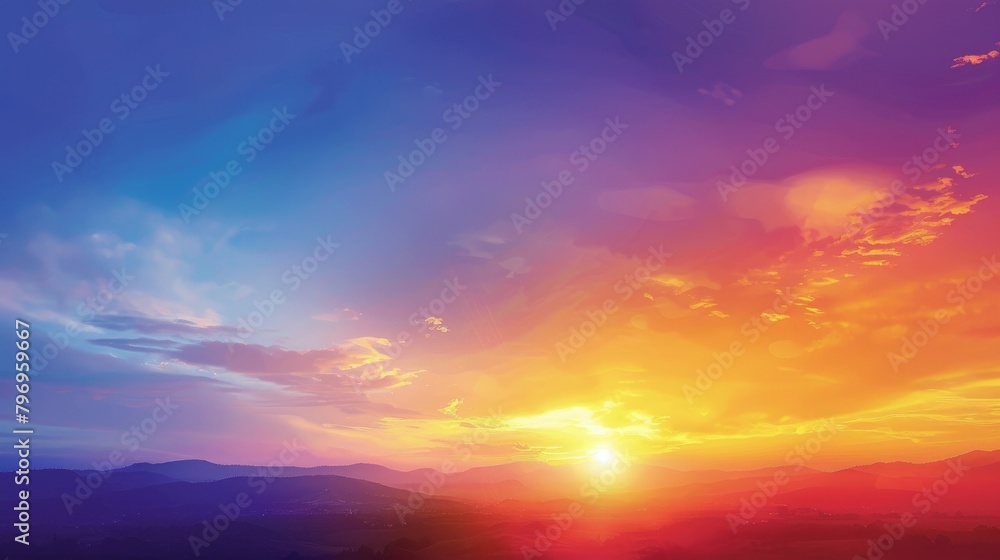 Illustration featuring two scenes, one depicting a sunrise with a vibrant blue sky and the other showing a sunset with a stunning blend of orange and purple in the sky