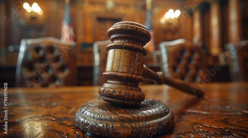 Symbol of Justice: Judge's Gavel in Courtroom, generative ai photo