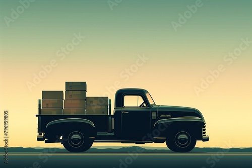 2d illustration of a classic pickup truck silhouette hauling a hefty load of boxes  8K , high-resolution, ultra HD,up32K HD