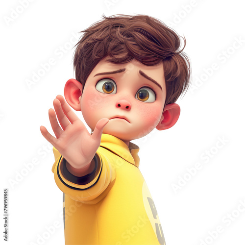 A young Ukrainian cartoon character stands alone against a transparent background showing a stop gesture and a look of disappointment photo