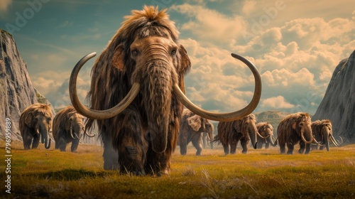 A group of mammoth walking in grass land in ancient prehistoric enviroment.