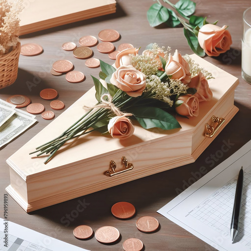 An elegant coffin adorned with a bouquet of peach roses rests on a desk, surrounded by scattered coins and stationery items, symbolizing funeral costs and financial considerations.