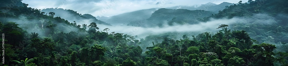 drone shot aerial view top angle panoramic photograph of steep deep valley canyon rainforest mountains peaks dense jungle. AI generated illustration