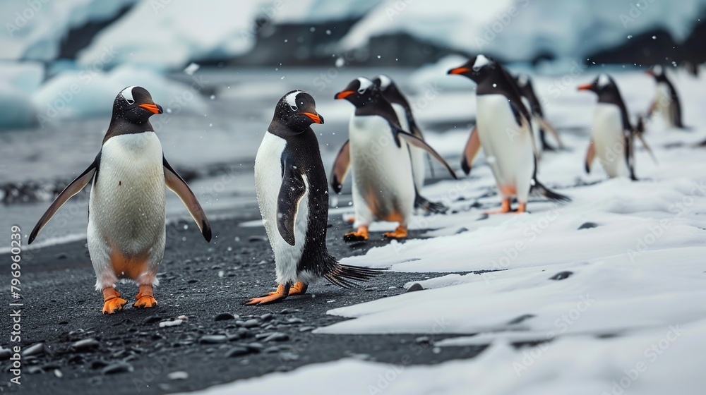 Obraz premium Penguins on an Antarctic island, sky and icebergs in the background