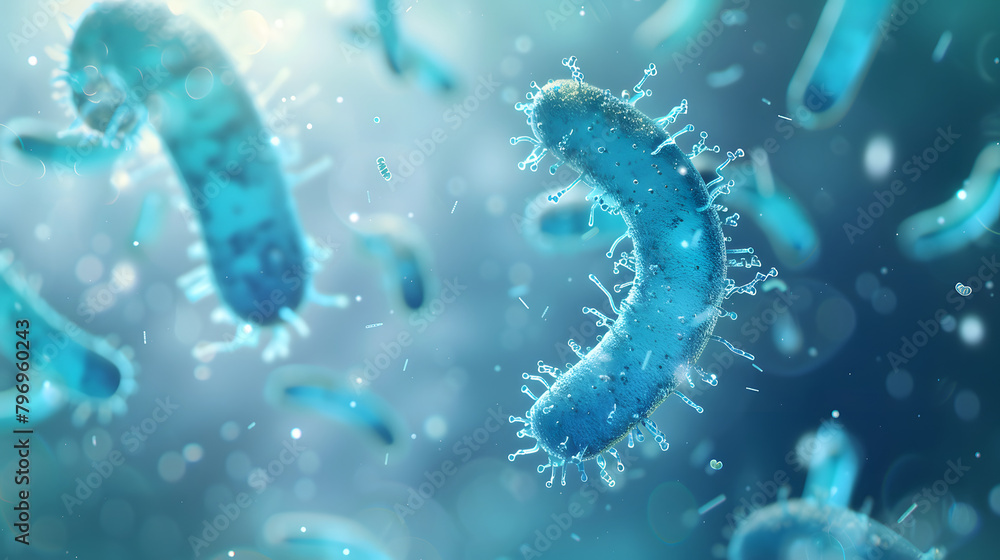 3D rendering of bacteria in blue color flying around each other. The background is blurred with a light cyan gradient. giving the whole scene an elegant appearance. 3D rendering of bacteria in blue color flying around each other. The background is blurred with a light cyan gradient. giving the whole scene an elegant appearance.