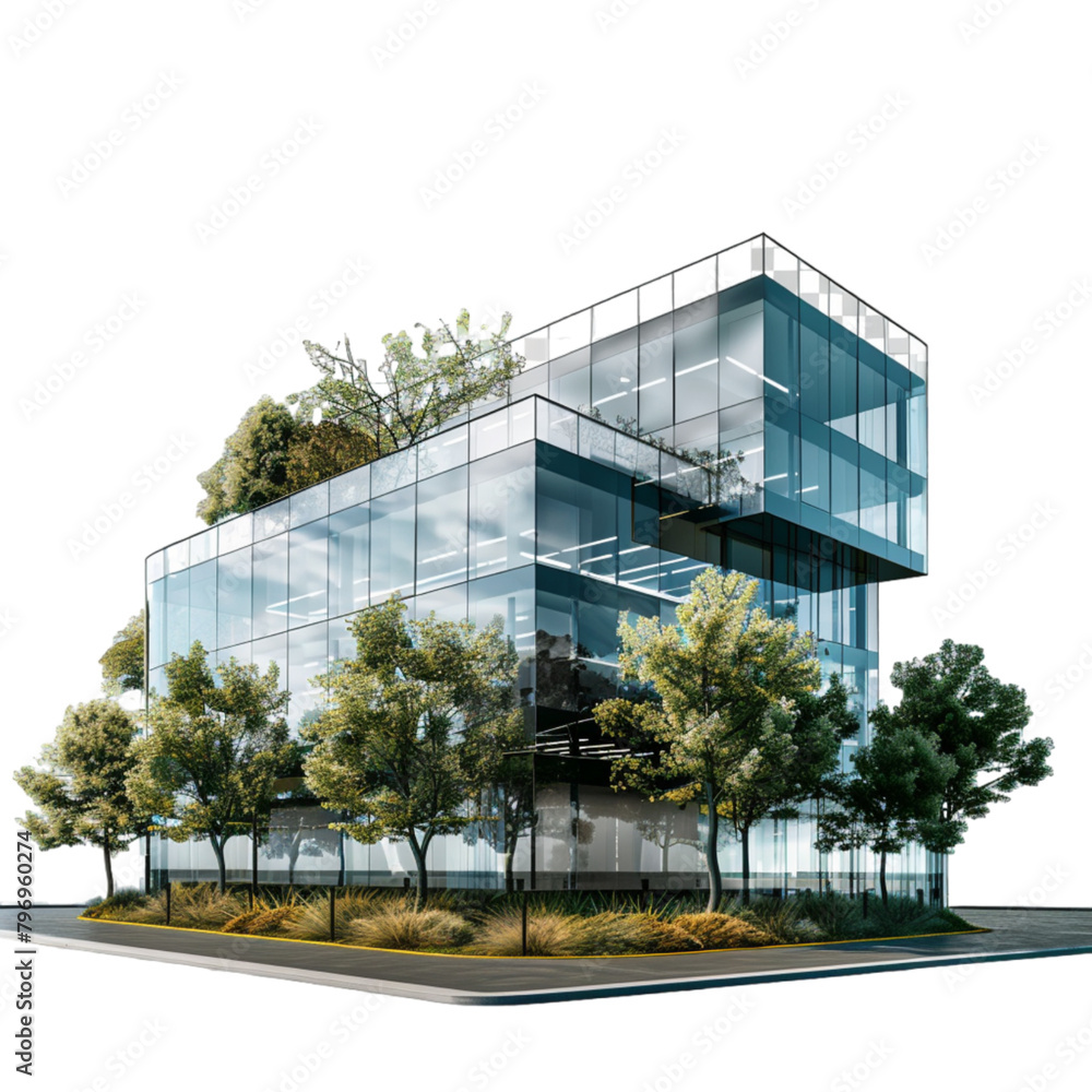 Office Building with Glass Facades and Trees on transparent background 