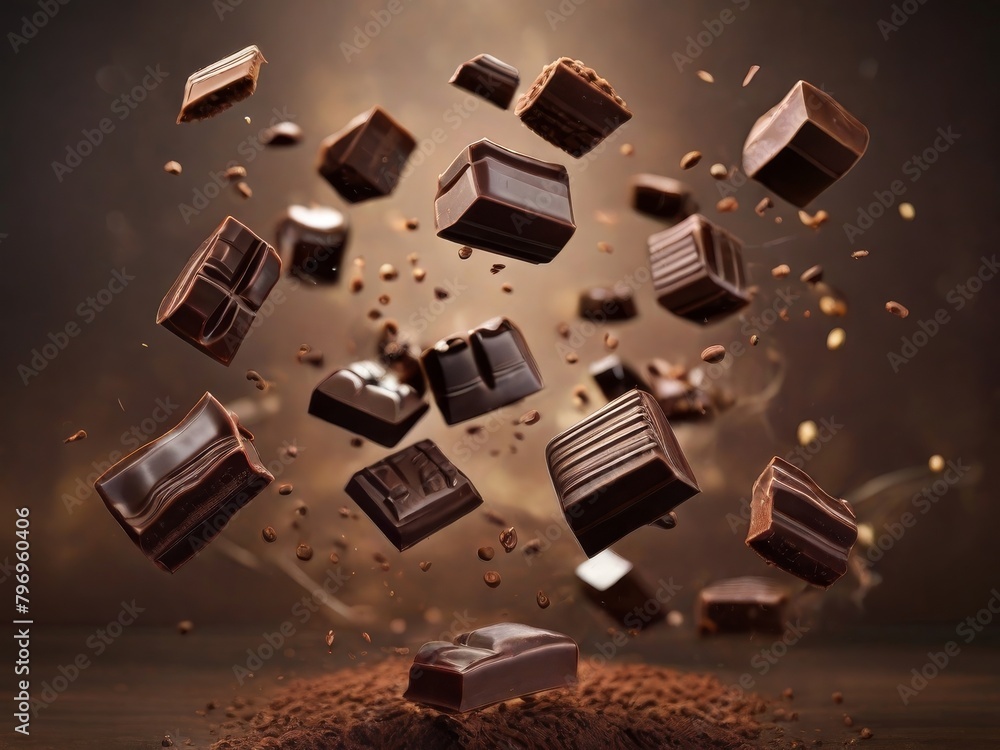 Cocoa powder with chocolate pieces and curls explosion on black backgrounds.