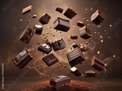 Obraz na płótnie Cocoa powder with chocolate pieces and curls explosion on black backgrounds. w salonie