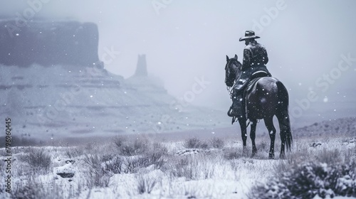 Cowboy on horseback in wild rugged field in winter with snow.
